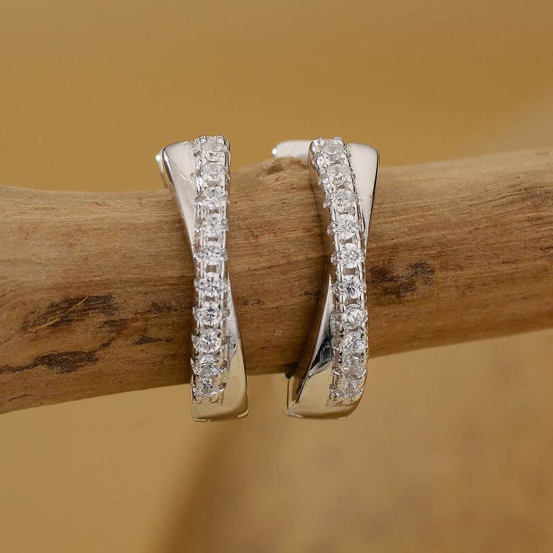 “Crossline Spark” S925 Sterling Silver Single-Row Pavé Hoop Earrings