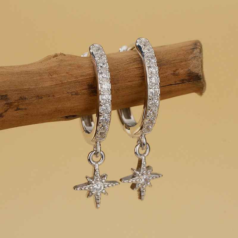 925 Sterling Silver Polar Star Pavé Zircon Hoop Drop Earrings Gold or White Gold