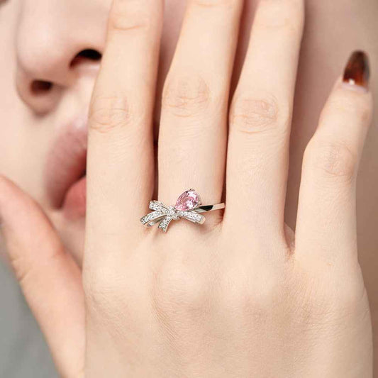 925 Sterling Silver Sweet Bowdrop Ring Teardrop Zircon Bow Ring
