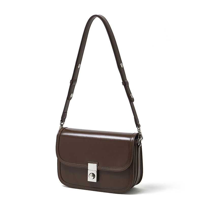 Women's Plain Cowhide Curved Satchel with Twist-Lock Closure