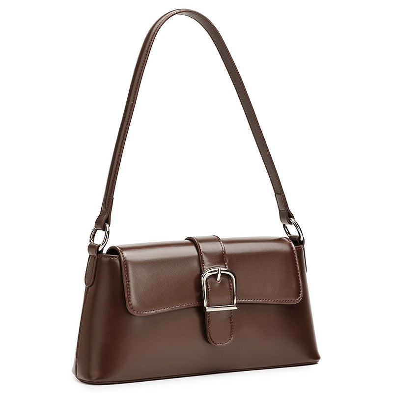 Women's Genuine Leather Vintage Baguette Shoulder Bag with Buckle