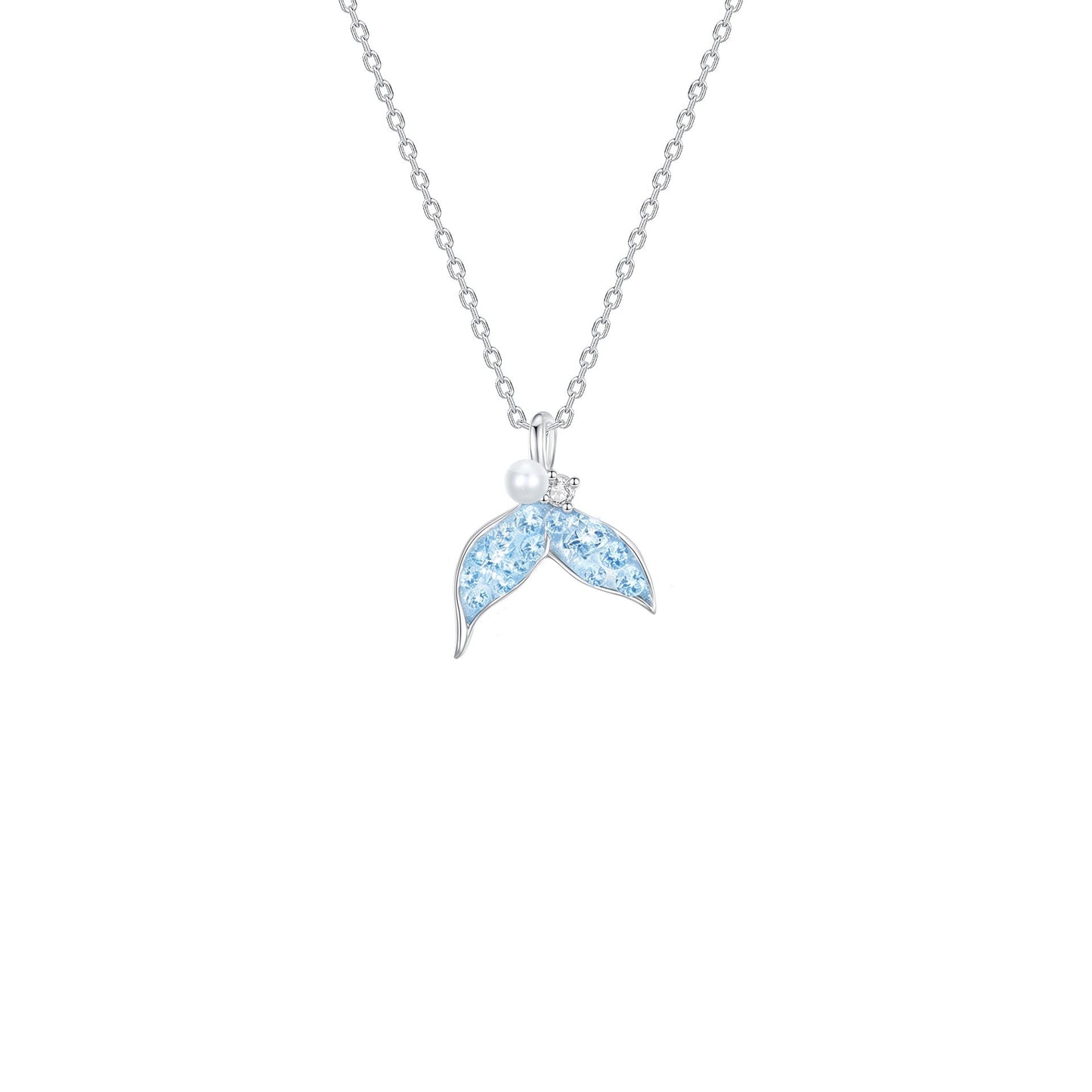 Celestia Tail S925 Sterling Silver Mermaid Pendant Necklace with Blue Crystal & Pearl Detail