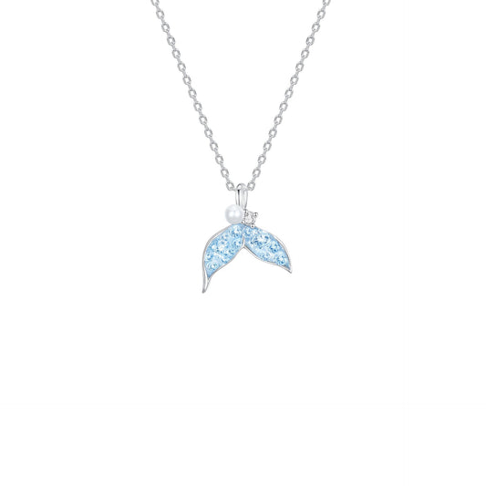 Celestia Tail S925 Sterling Silver Mermaid Pendant Necklace with Blue Crystal & Pearl Detail