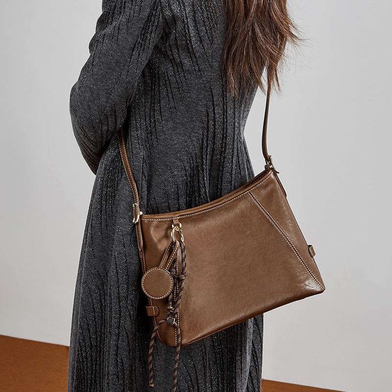 Women's Full-Grain Cowhide Contrast Stitch Hobo Bag