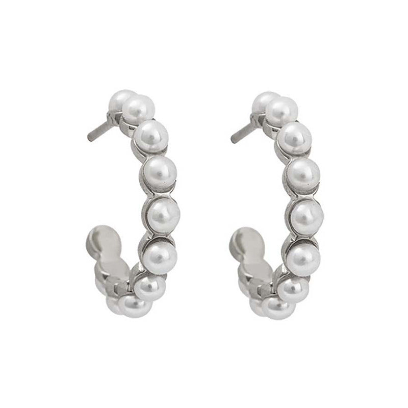 “Pearl Curve” S925 Sterling Silver Shell Pearl C-Hoop Stud Earrings