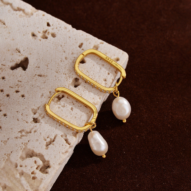 “Pearl Veil” S925 Sterling Silver U-Shaped Zircon Huggie Hoop Earrings
