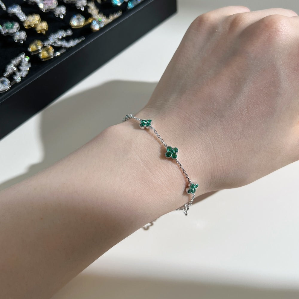 Roselle Clover S925 Sterling Silver Clover Zircon Charm Bracelet
