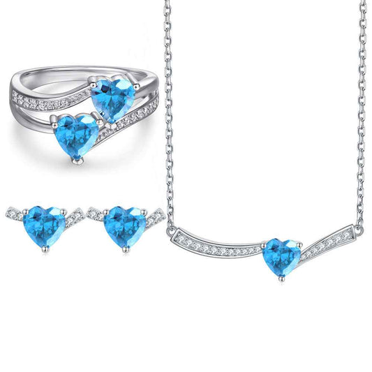 925 Sterling Silver Ocean Heart Aquamarine Zircon Jewelry Set Necklace Ring Earrings