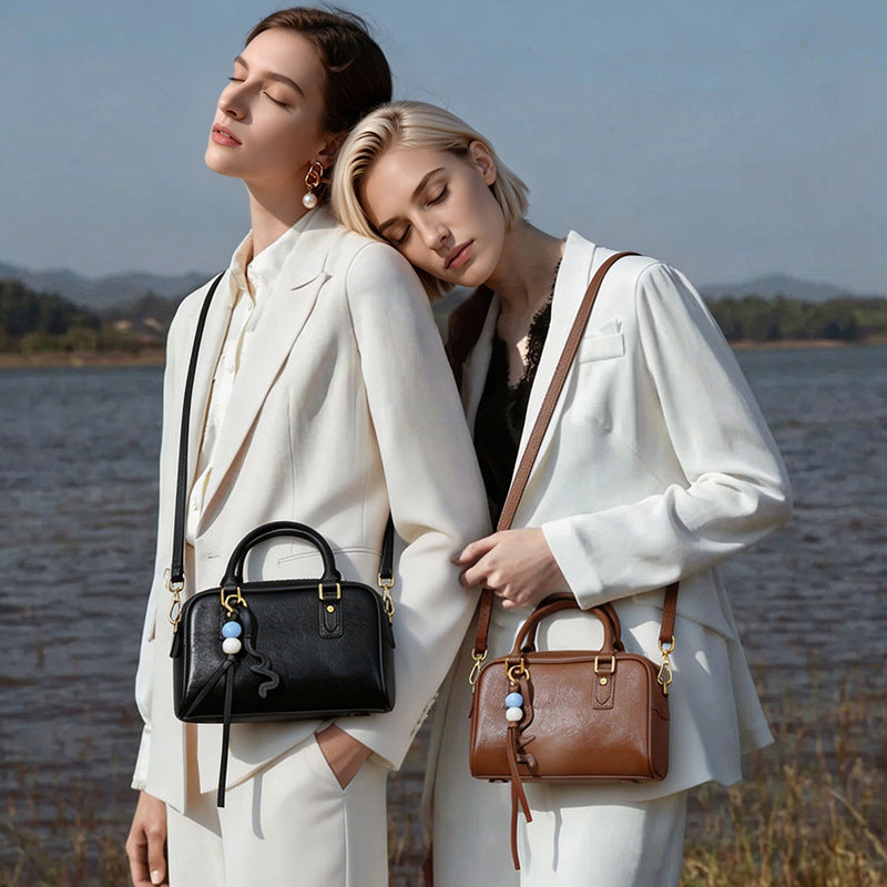Women's Genuine Leather Boston Bag with Wavy Charm