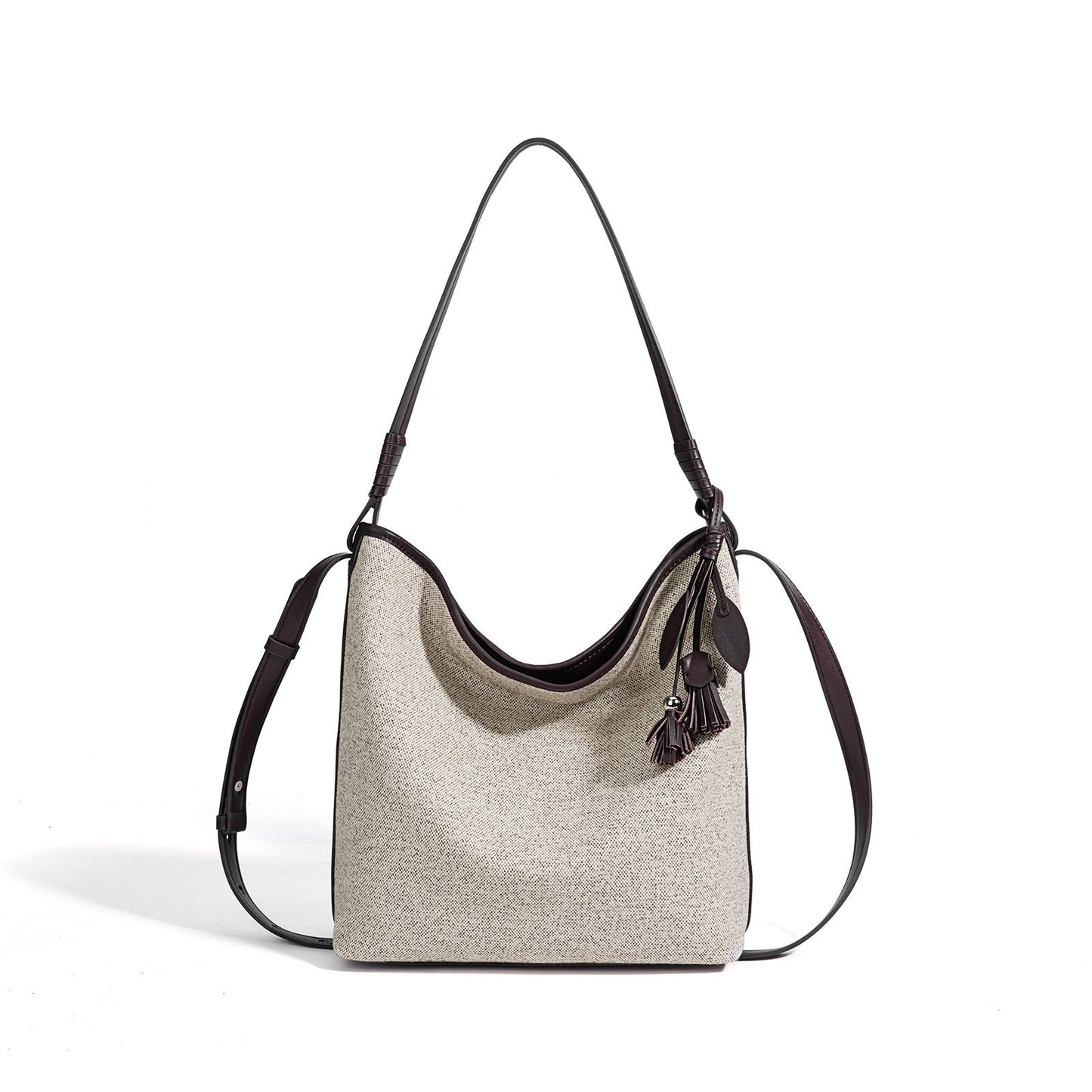 Women's Canvas Bucket Bag with Leather Trim and Tassel Charm
