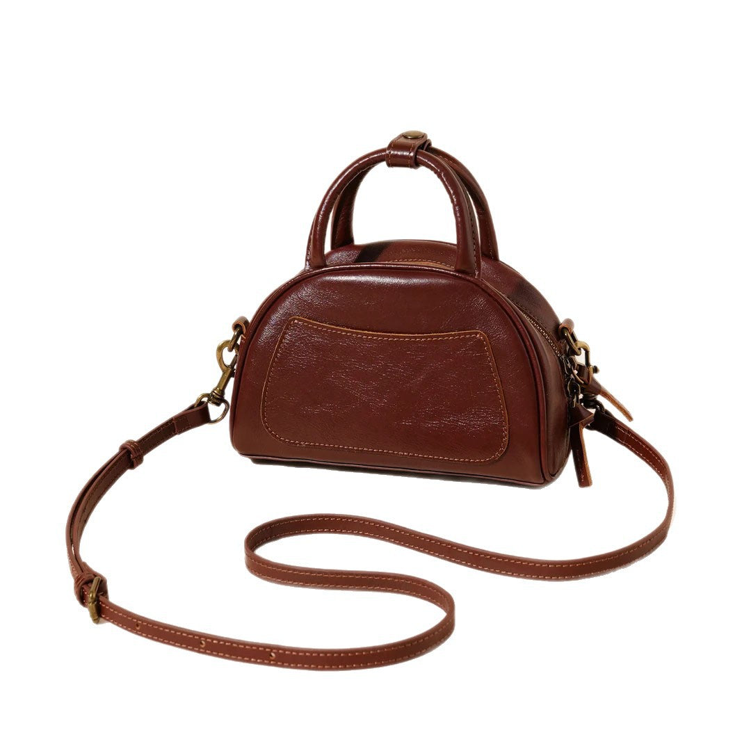 Women's Oil-Waxed Cowhide Mini Dome Boston Bag