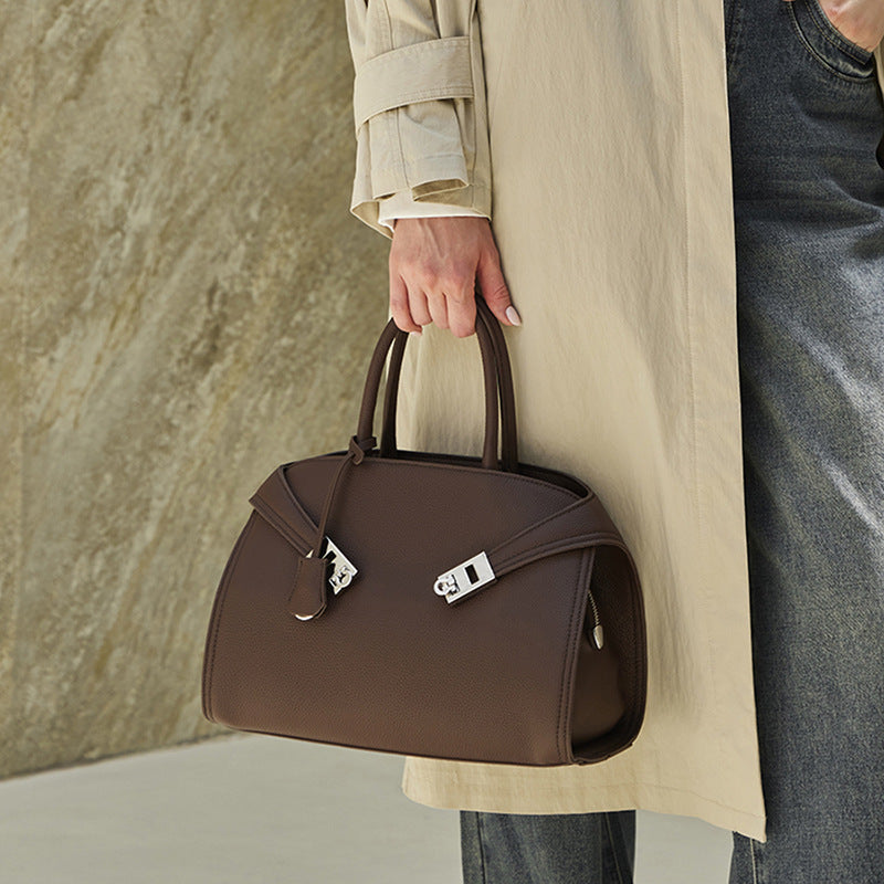 Women's Lychee-Grain Cowhide Double-Buckle Convertible Tote