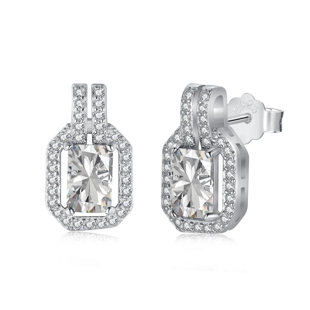 Sugar Halo Emerald-Cut Zircon Rectangle Stud Earrings in S925 Sterling Silver