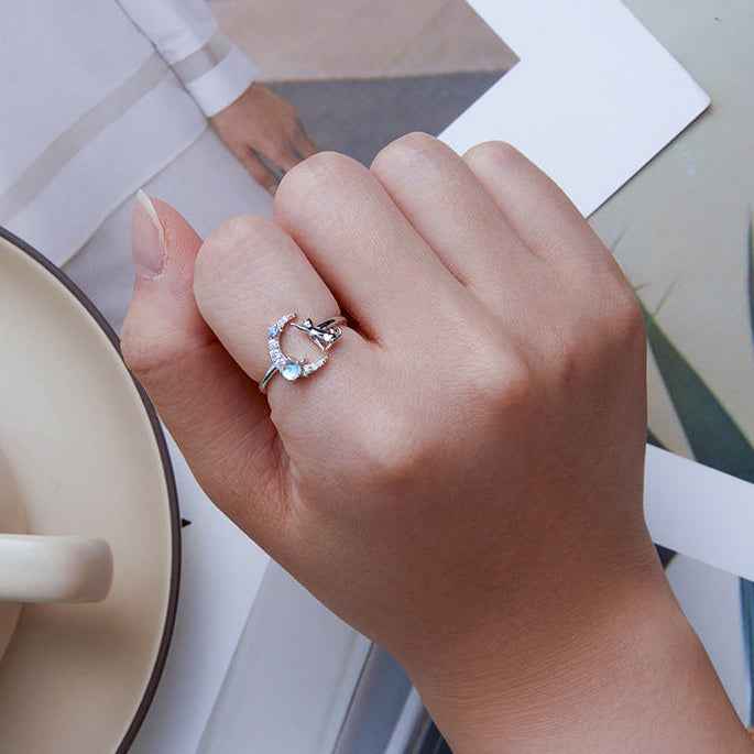 Moonlit Kitty S925 Silver Moonstone Cat Crescent Adjustable Ring