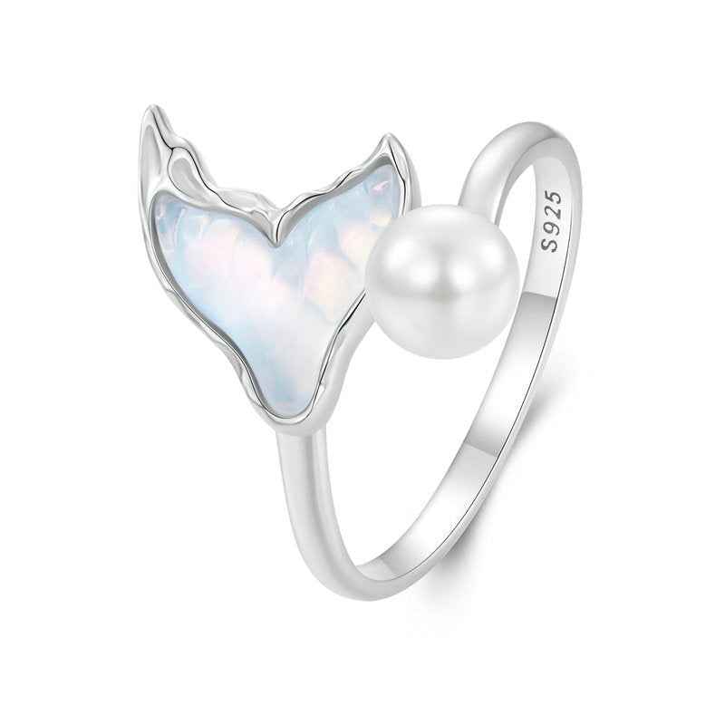 925 Sterling Silver Mermaid Tail Pearl Adjustable Open Ring