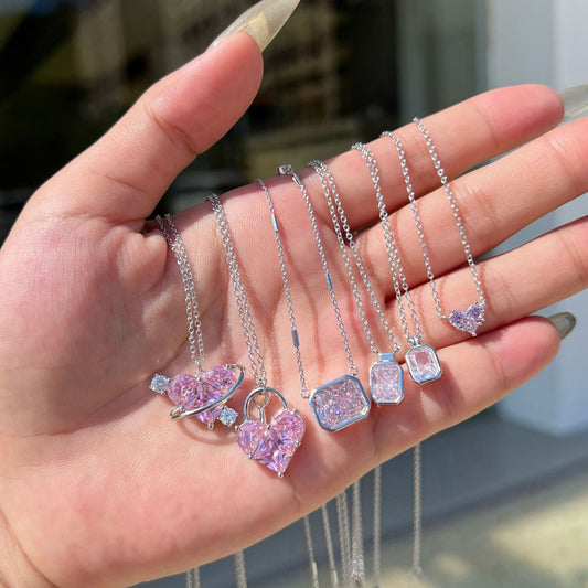 “Rose Prism” S925 Sterling Silver Pink Zircon Heart Necklace
