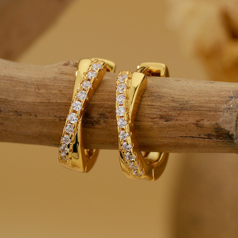 “Crossline Spark” S925 Sterling Silver Single-Row Pavé Hoop Earrings