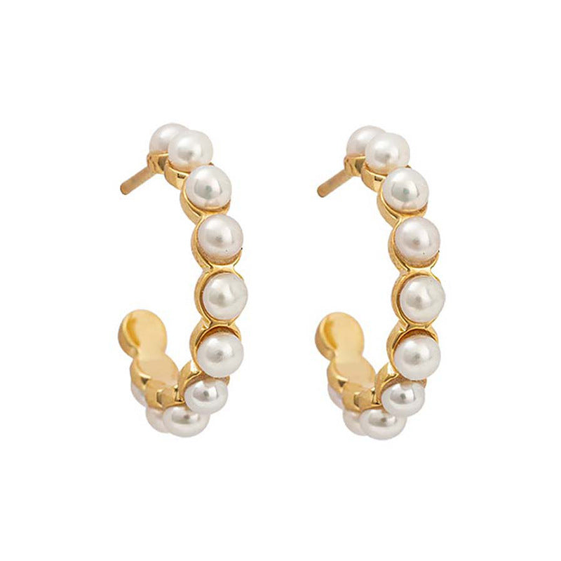 “Pearl Curve” S925 Sterling Silver Shell Pearl C-Hoop Stud Earrings