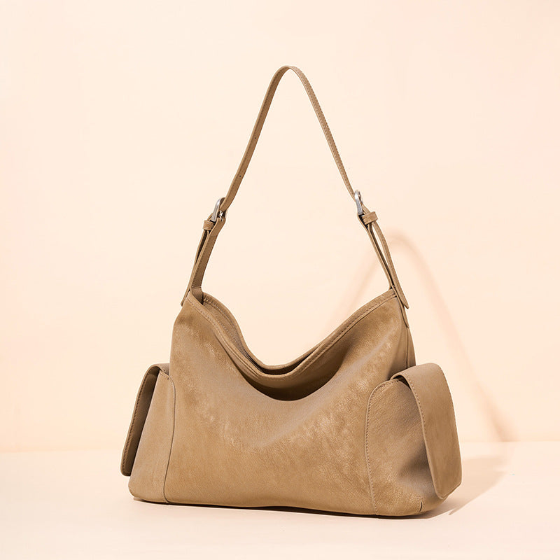 Women's Full-Grain Cowhide Slouchy Shoulder Bag with Side Pockets