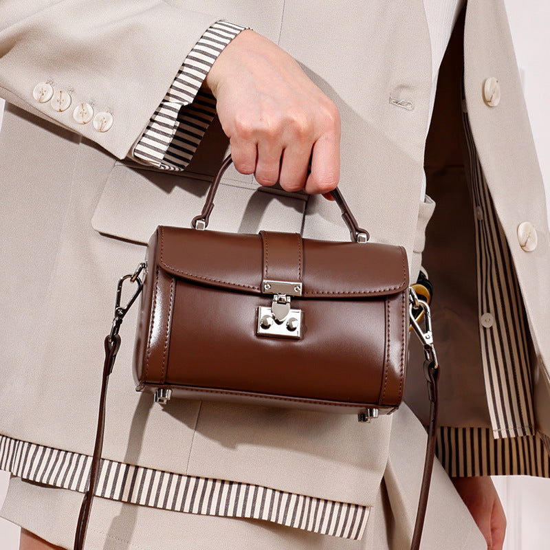 Women's Genuine Leather Cylinder Box Bag with Push Lock