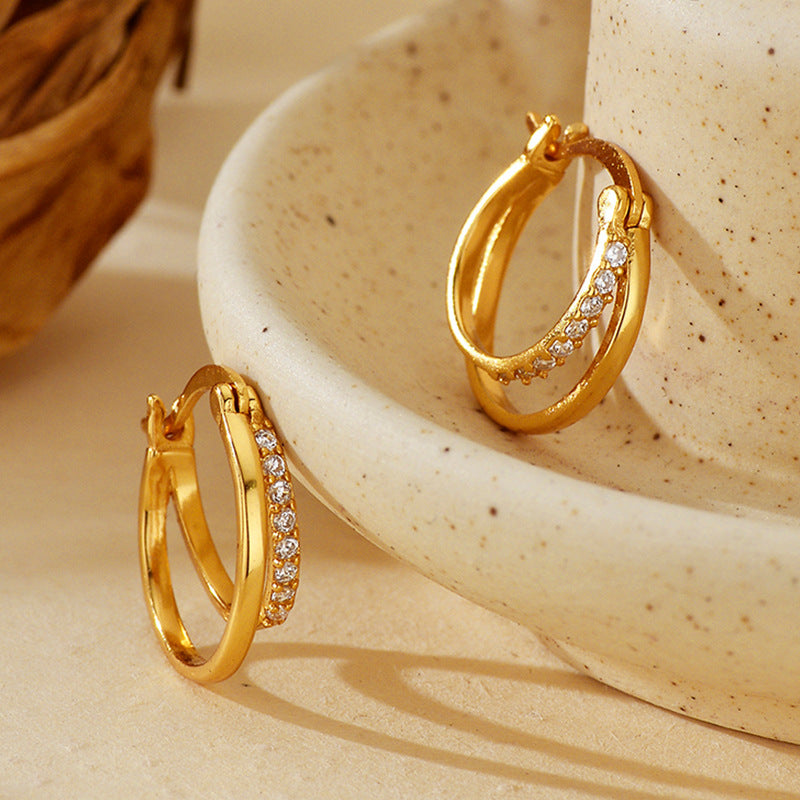 “Double Gleam” S925 Sterling Silver Double-Layer Pavé Hoop Earrings