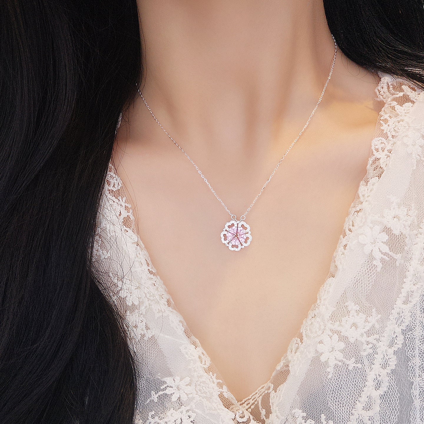 Blooming Heart Convertible Flower Heart Necklace with Crystal in S925 Sterling Silver