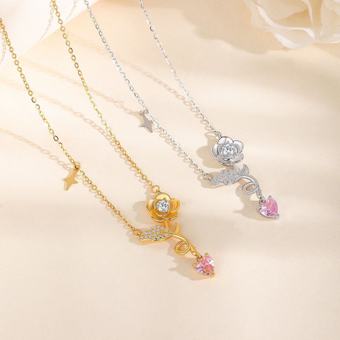 Blooming Rose S925 Sterling Silver Rose Pendant Necklace with Zircon