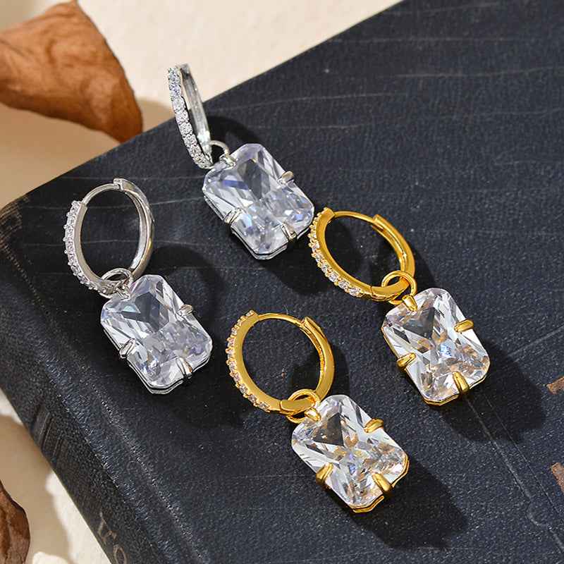 925 Sterling Silver Cushion-Cut Zircon Drop Hoop Earrings – Radiant Frame