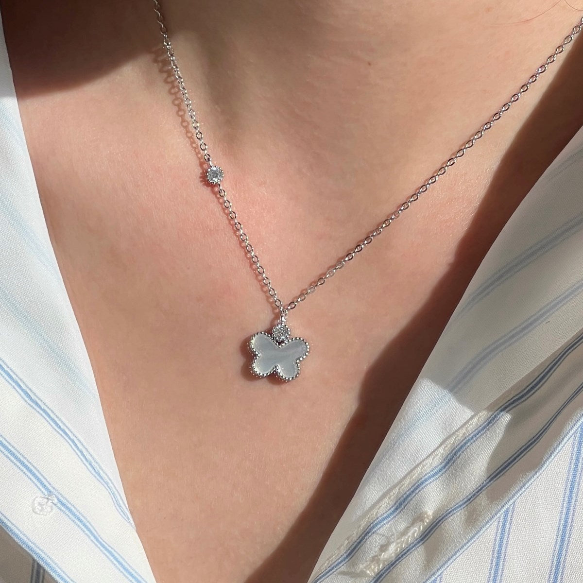 Butterfly Gleam Mother of Pearl Butterfly Pendant Necklace with Zircon Details, S925 Sterling Silver