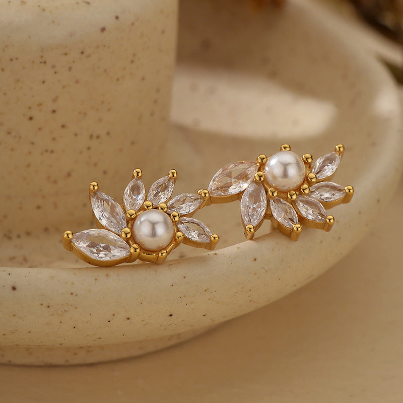 “Pearl Bloom” S925 Sterling Silver Zircon Shell Pearl Flower Stud Earrings