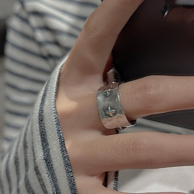 “Crossed Shadow” S925 Sterling Silver Open Adjustable Cross Ring