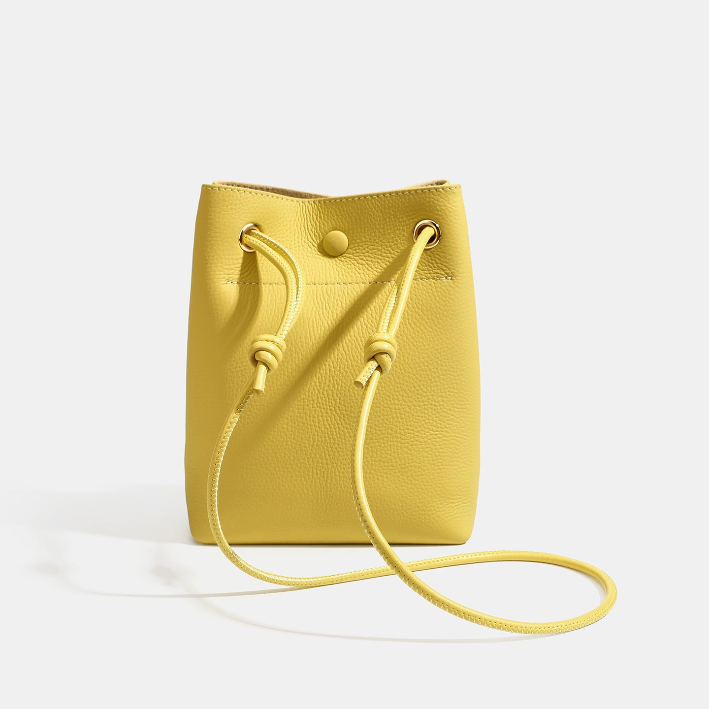 Women's Pebbled Cowhide Drawstring Phone Bag with Gold Accents