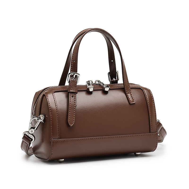 Women's Cowhide Retro Boston Barrel Bag with Adjustable Strap