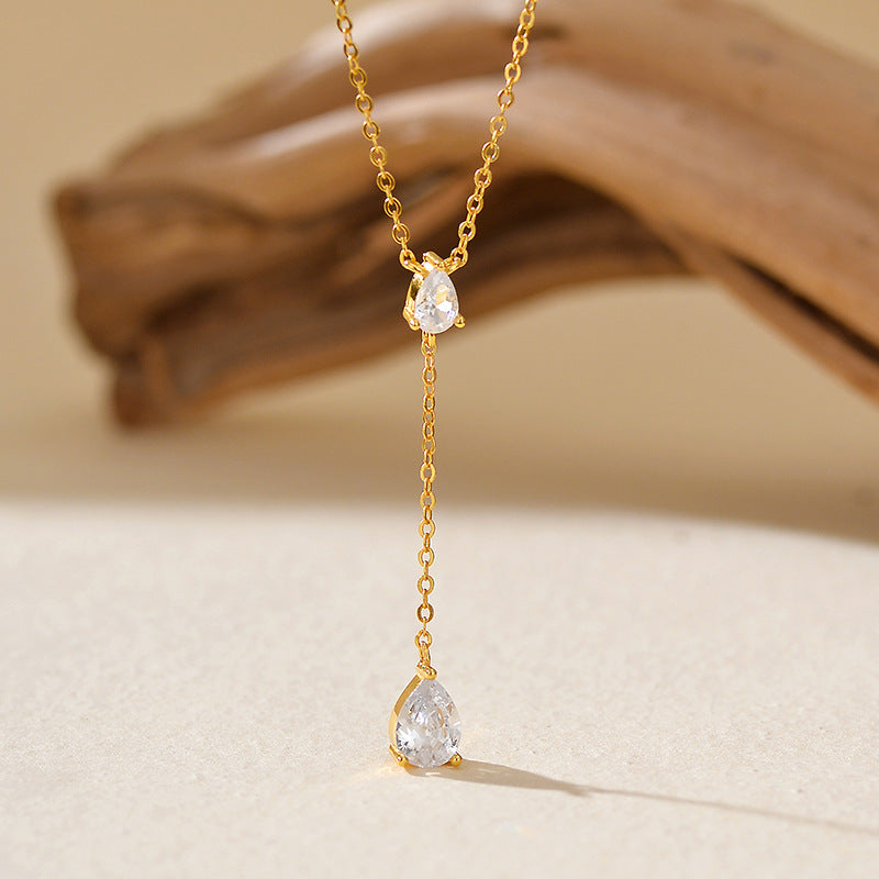 “Y-Line Eclat” S925 Sterling Silver Zircon Y-Shaped Tassel Necklace
