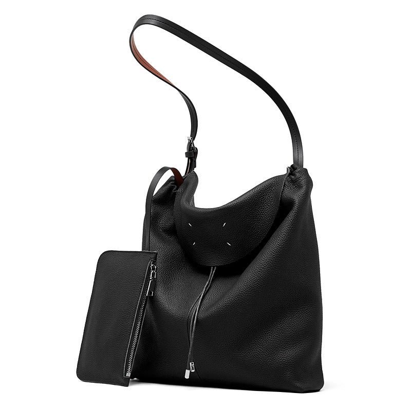 Women's Genuine Leather Slouch Tote Bag with Adjustable Strap & Detachable Pouch