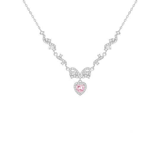 Ballet Sweetheart S925 Silver Pink Heart Bow Pendant Necklace