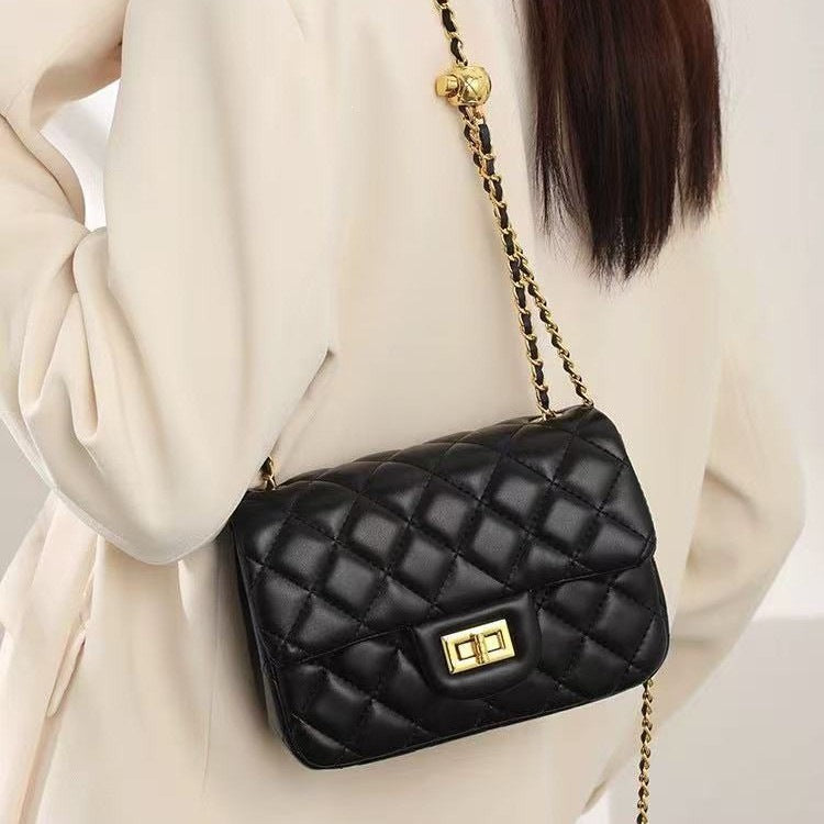 Women's Quilted Sheepskin Flap Bag with Golden Ball Chain