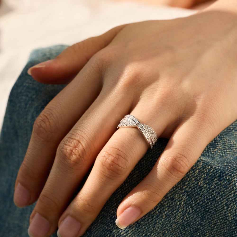 925 Sterling Silver Pavé Crisscross Statement Ring – Infinity Veil Design