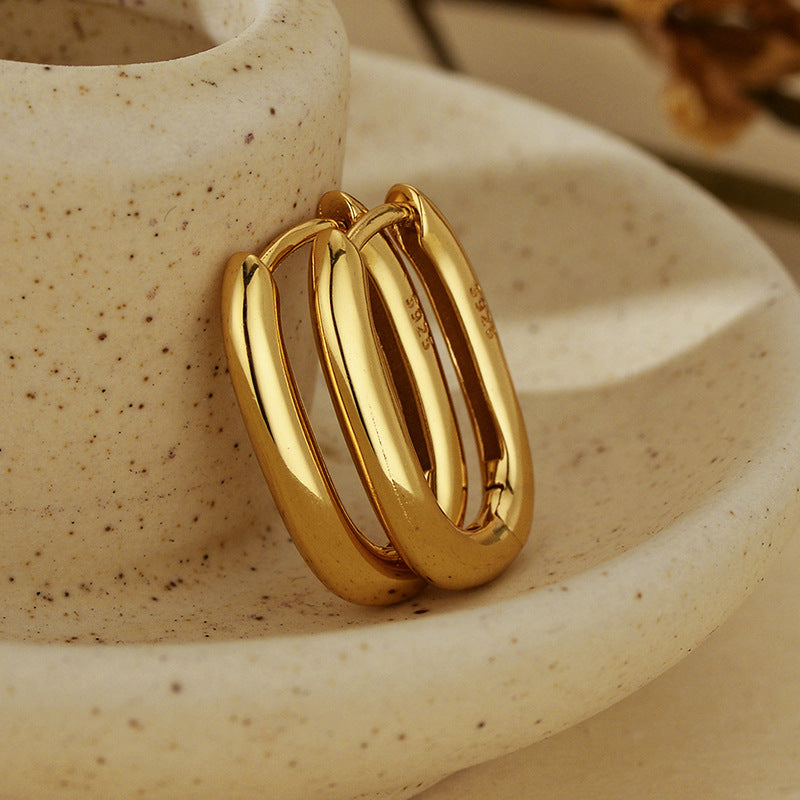 “Oval Muse Arc” S925 Sterling Silver U-Shaped Oval Hoop Earrings