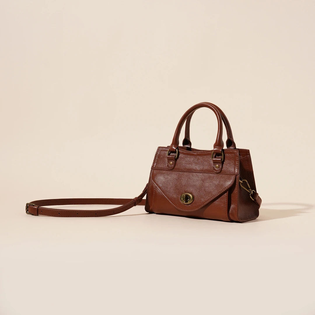 Women's Oil-Waxed Cowhide Turnlock Mini Top Handle Bag
