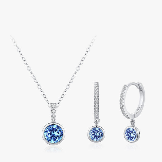 Azure Halo Blue Zircon Necklace and Huggie Earrings Set 925 Sterling Silver