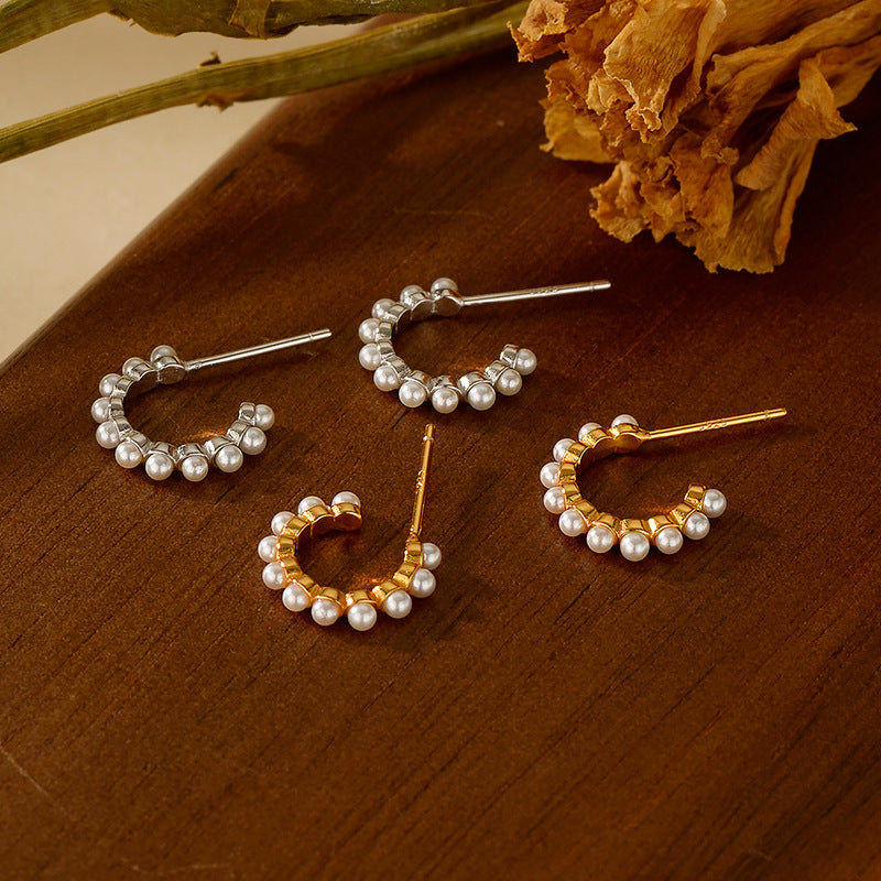 “Pearl Curve” S925 Sterling Silver Shell Pearl C-Hoop Stud Earrings