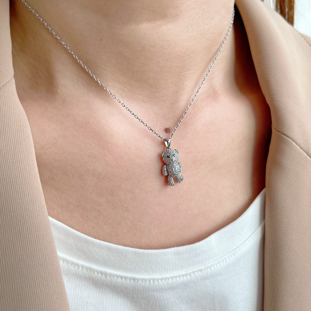 Teddy Spark S925 Silver Pavé Zircon Teddy Bear Necklace