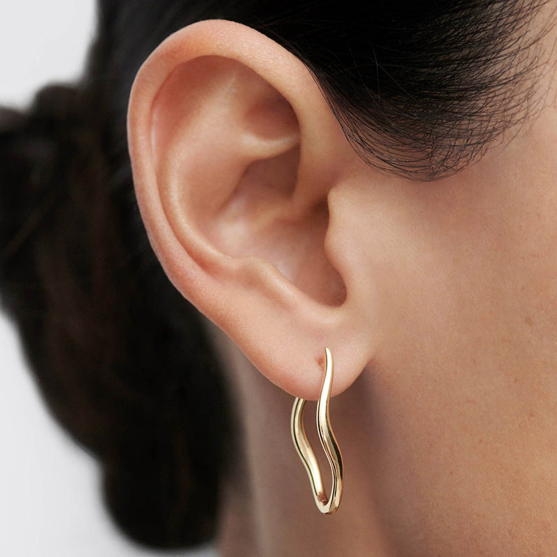 “Serene Wave” S925 Sterling Silver Minimalist Wavy Hoop Earrings