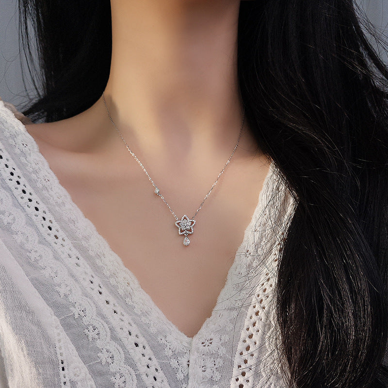Starlit Dew Star Pendant Necklace with Teardrop Zircon in S925 Sterling Silver
