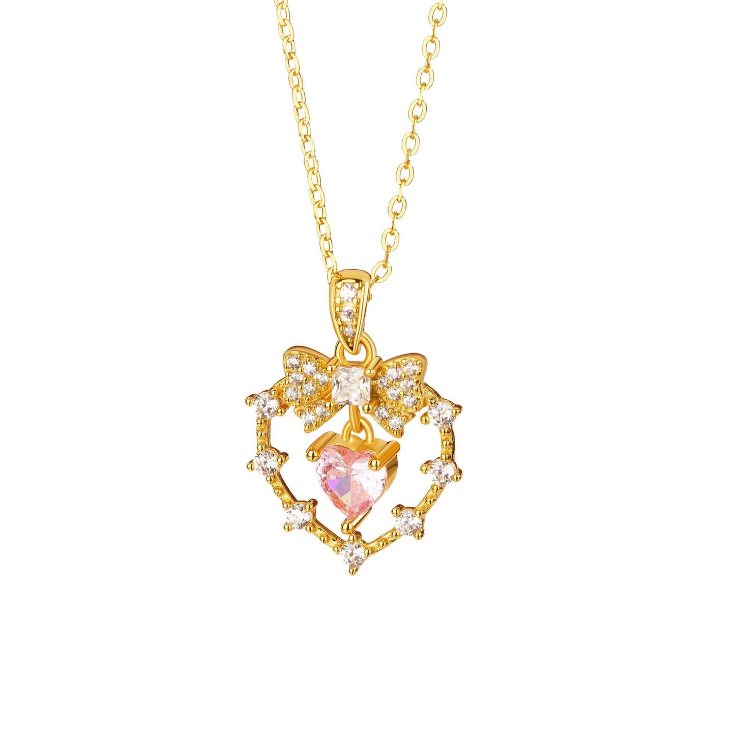 Velour Knot S925 Sterling Silver Pink Heart Bow Pendant Necklace