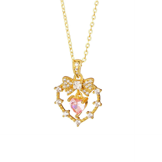 Velour Knot S925 Sterling Silver Pink Heart Bow Pendant Necklace
