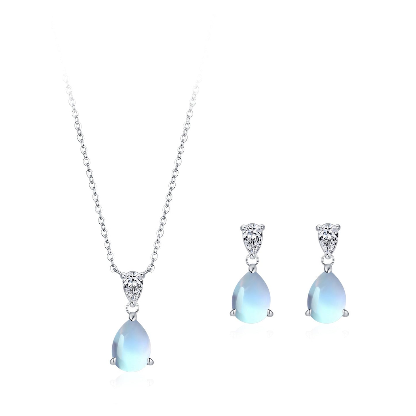 Luna Drop Teardrop Moonstone Necklace Earrings Set 925 Sterling Silver