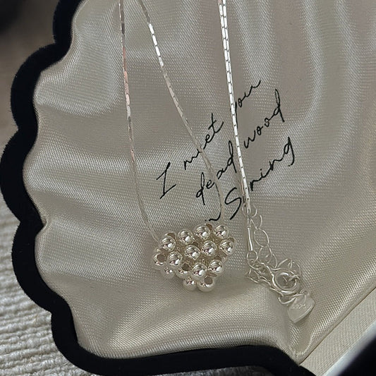 925 Sterling Silver Beaded Heart Necklace Korean Vintage Heart Bead Necklace