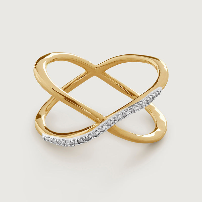 “Double Orbit” S925 Sterling Silver Two-Band Crossed Zircon Ring